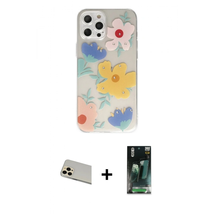 MARSİLYAN™- iPhone 12 Pro Kılıf Eksen Asil Prime - Siyah 360 Mat Full Body Arka Koruyucu + Rainbow Kamera Lens Koruma Cam - GD
