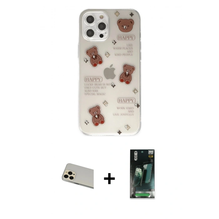 MARSİLYAN™- iPhone 12 Pro Kılıf Eksen Asil Prime - Siyah 360 Mat Full Body Arka Koruyucu + Rainbow Kamera Lens Koruma Cam - GD