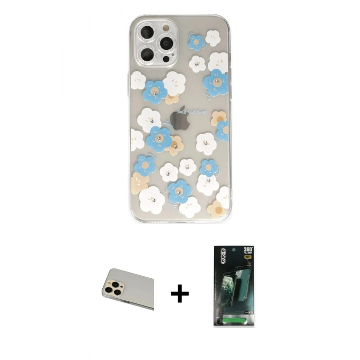 MARSİLYAN™- iPhone 12 Pro Kılıf Eksen Asil Prime - Siyah 360 Mat Full Body Arka Koruyucu + Rainbow Kamera Lens Koruma Cam - GD