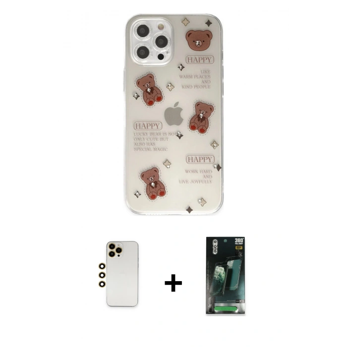 MARSİLYAN™- iPhone 12 Pro Kılıf Eksen Asil Prime - Siyah 360 Mat Full Body Arka Koruyucu + Shine Kamera Lens - GD