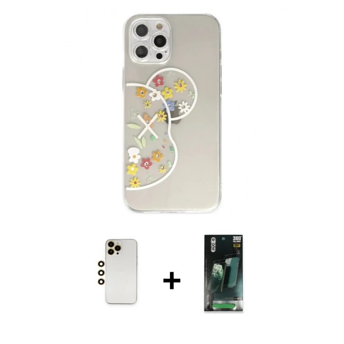 MARSİLYAN™- iPhone 12 Pro Kılıf Eksen Asil Prime - Siyah 360 Mat Full Body Arka Koruyucu + Shine Kamera Lens - GD