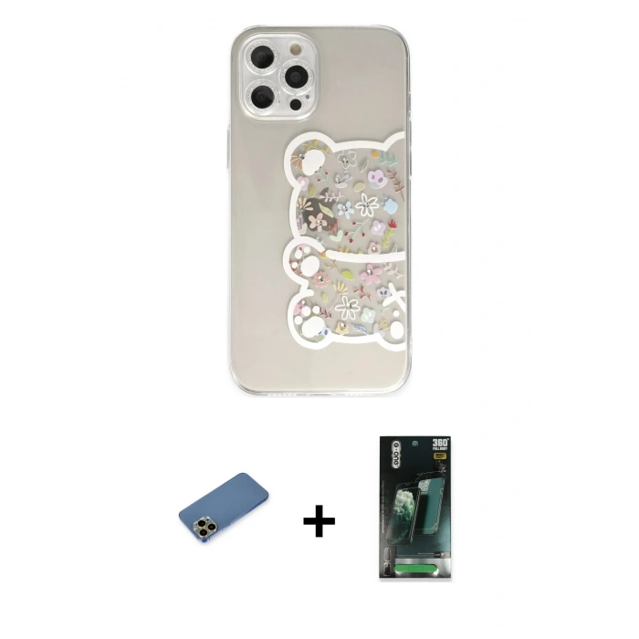 MARSİLYAN™- iPhone 12 Pro Kılıf Eksen Asil Prime - Siyah 360 Mat Full Body Arka Koruyucu + Shine Kamera Lens Koruma Cam - GD
