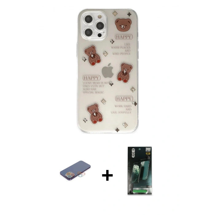 MARSİLYAN™- iPhone 12 Pro Kılıf Eksen Asil Prime - Siyah 360 Mat Full Body Arka Koruyucu + Renkli Kamera Lens Koruma Cam - PE