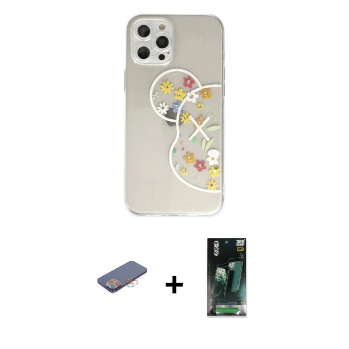 MARSİLYAN™- iPhone 12 Pro Kılıf Eksen Asil Prime - Siyah 360 Mat Full Body Arka Koruyucu + Renkli Kamera Lens Koruma Cam - PE