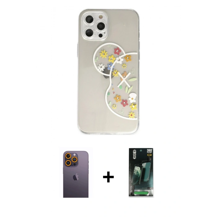 MARSİLYAN™- iPhone 12 Pro Kılıf Eksen Asil Prime - Siyah 360 Mat Full Body Arka Koruyucu + Neon Fosforlu Kamera Lens - SI