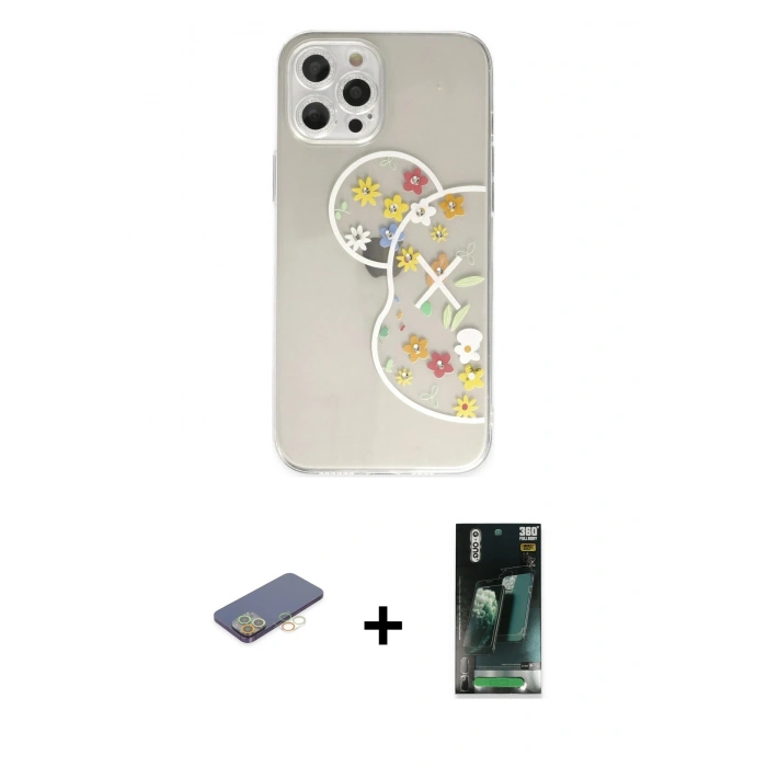 MARSİLYAN™- iPhone 12 Pro Kılıf Eksen Asil Prime - Siyah 360 Mat Full Body Arka Koruyucu + Renkli Kamera Lens Koruma Cam - SI