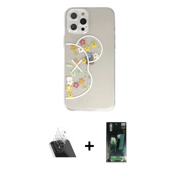 MARSİLYAN™- iPhone 12 Pro Kılıf Eksen Asil Prime - Siyah 360 Mat Full Body Arka Koruyucu + Kamera Lens Koruma Cam - SF