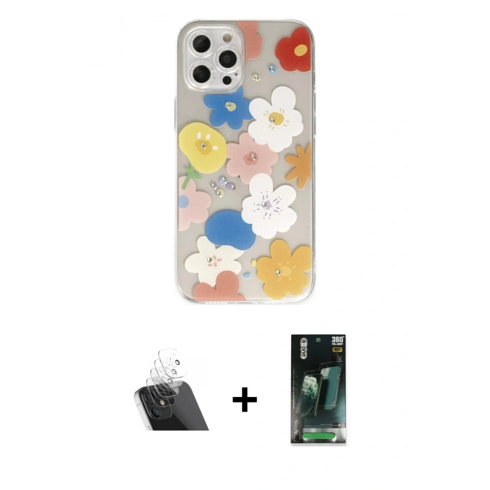 MARSİLYAN™- iPhone 12 Pro Kılıf Eksen Asil Prime - Siyah 360 Mat Full Body Arka Koruyucu + Kamera Lens Koruma Cam - SF