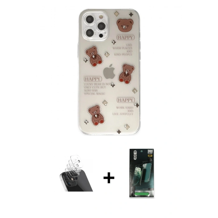 MARSİLYAN™- iPhone 12 Pro Kılıf Eksen Asil Prime - Siyah 360 Mat Full Body Arka Koruyucu + Kamera Lens Koruma Cam - SF