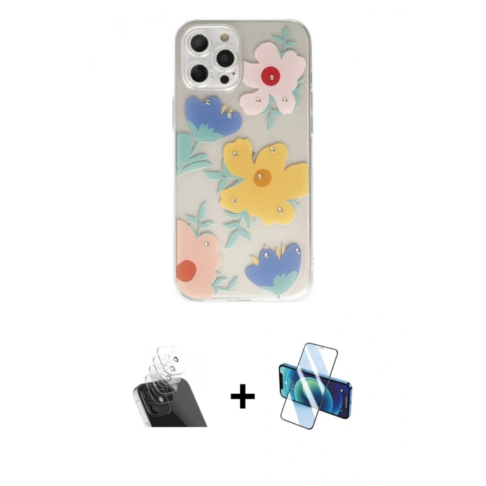 MARSİLYAN™- iPhone 12 Pro Kılıf Eksen Asil Prime - Siyah 3D Antistatik Cam Ekran Koruyucu + Kamera Lens Koruma Cam - SF