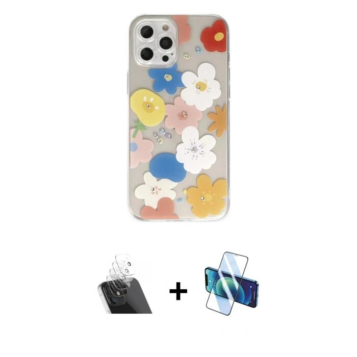MARSİLYAN™- iPhone 12 Pro Kılıf Eksen Asil Prime - Siyah 3D Antistatik Cam Ekran Koruyucu + Kamera Lens Koruma Cam - SF