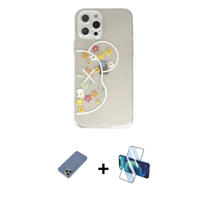 MARSİLYAN™- iPhone 12 Pro Kılıf Eksen Asil Prime - Siyah 3D Antistatik Cam Ekran Koruyucu + Metal Kamera Lens Koruma Cam - AKYL