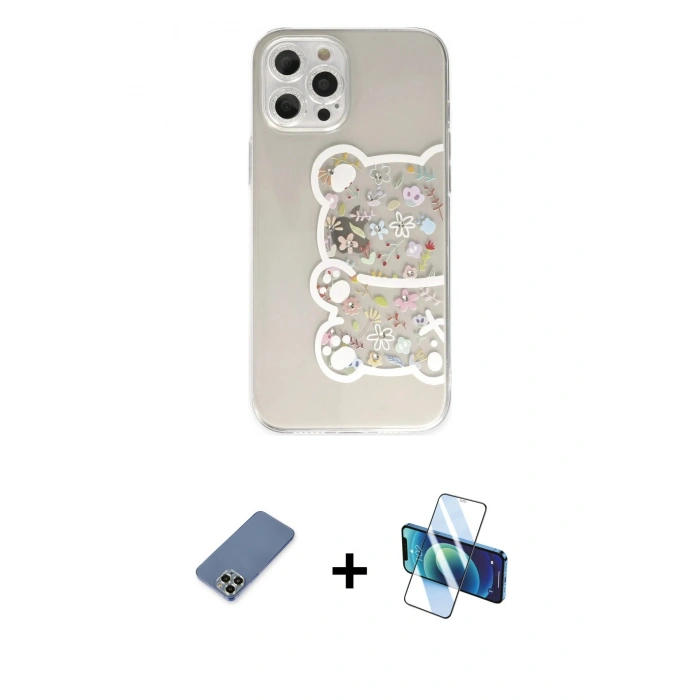 MARSİLYAN™- iPhone 12 Pro Kılıf Eksen Asil Prime - Siyah 3D Antistatik Cam Ekran Koruyucu + Metal Kamera Lens Koruma Cam - AKYL