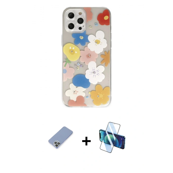 MARSİLYAN™- iPhone 12 Pro Kılıf Eksen Asil Prime - Siyah 3D Antistatik Cam Ekran Koruyucu + Metal Kamera Lens Koruma Cam - KUYL