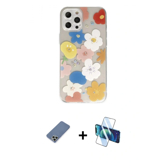 MARSİLYAN™- iPhone 12 Pro Kılıf Eksen Asil Prime - Siyah 3D Antistatik Cam Ekran Koruyucu + Metal Kamera Lens Koruma Cam - AKYL