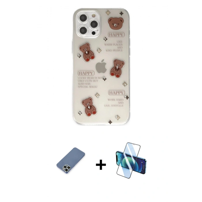 MARSİLYAN™- iPhone 12 Pro Kılıf Eksen Asil Prime - Siyah 3D Antistatik Cam Ekran Koruyucu + Metal Kamera Lens Koruma Cam - AKYL