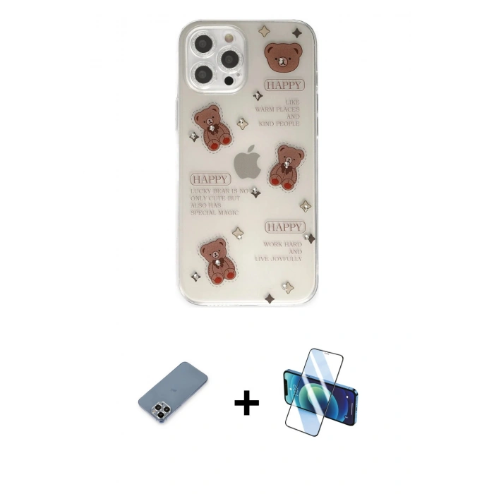 MARSİLYAN™- iPhone 12 Pro Kılıf Eksen Asil Prime - Siyah 3D Antistatik Cam Ekran Koruyucu + Metal Kamera Lens Koruma Cam - GS