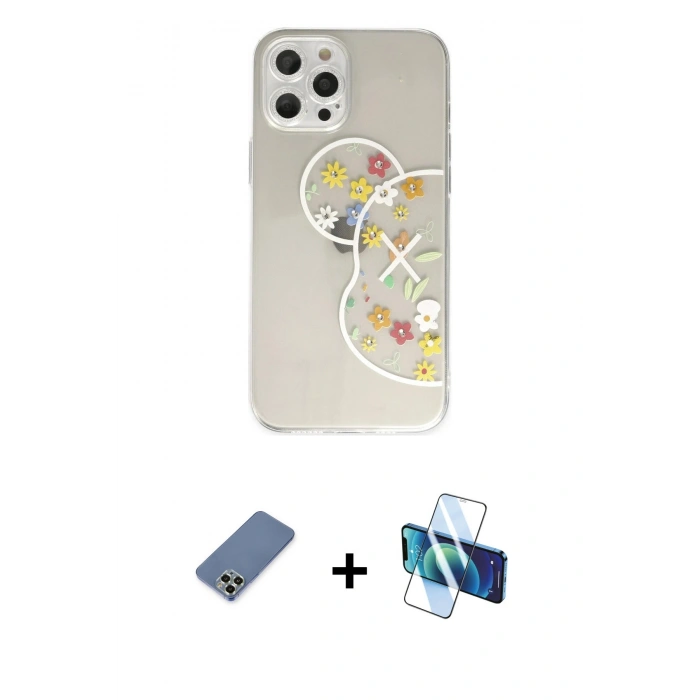 MARSİLYAN™- iPhone 12 Pro Kılıf Eksen Asil Prime - Siyah 3D Antistatik Cam Ekran Koruyucu + Metal Kamera Lens Koruma Cam - AKYL