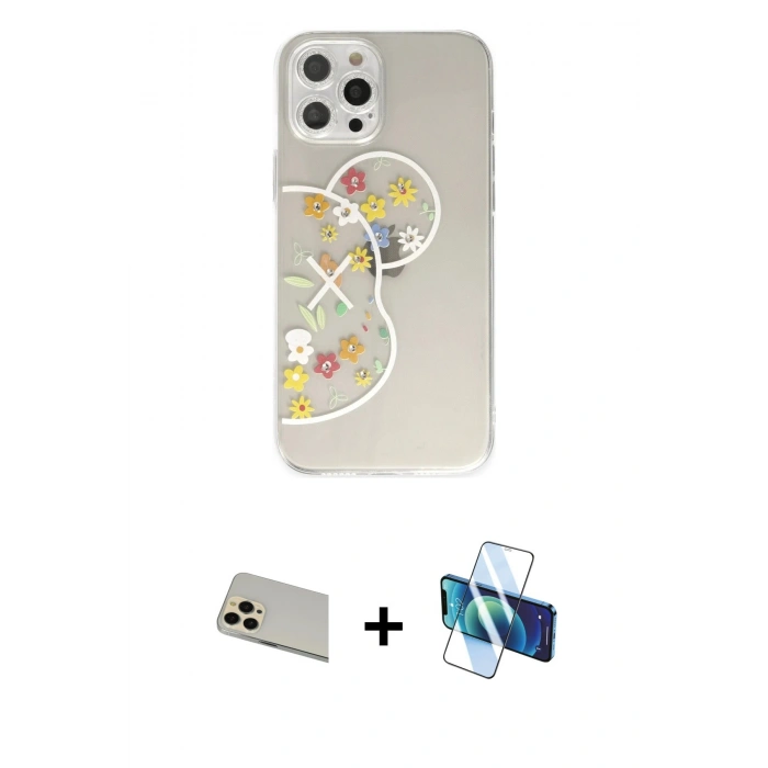 MARSİLYAN™- iPhone 12 Pro Kılıf Eksen Asil Prime - Siyah 3D Antistatik Cam Ekran Koruyucu + Rainbow Kamera Lens Koruma Cam - GD