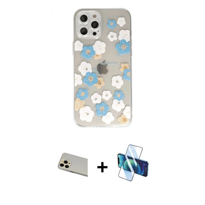 MARSİLYAN™- iPhone 12 Pro Kılıf Eksen Asil Prime - Siyah 3D Antistatik Cam Ekran Koruyucu + Rainbow Kamera Lens Koruma Cam - GD