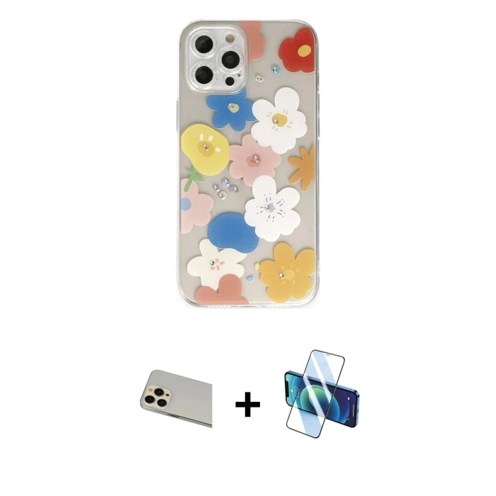 MARSİLYAN™- iPhone 12 Pro Kılıf Eksen Asil Prime - Siyah 3D Antistatik Cam Ekran Koruyucu + Rainbow Kamera Lens Koruma Cam - GD