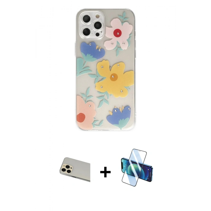 MARSİLYAN™- iPhone 12 Pro Kılıf Eksen Asil Prime - Siyah 3D Antistatik Cam Ekran Koruyucu + Rainbow Kamera Lens Koruma Cam - GD