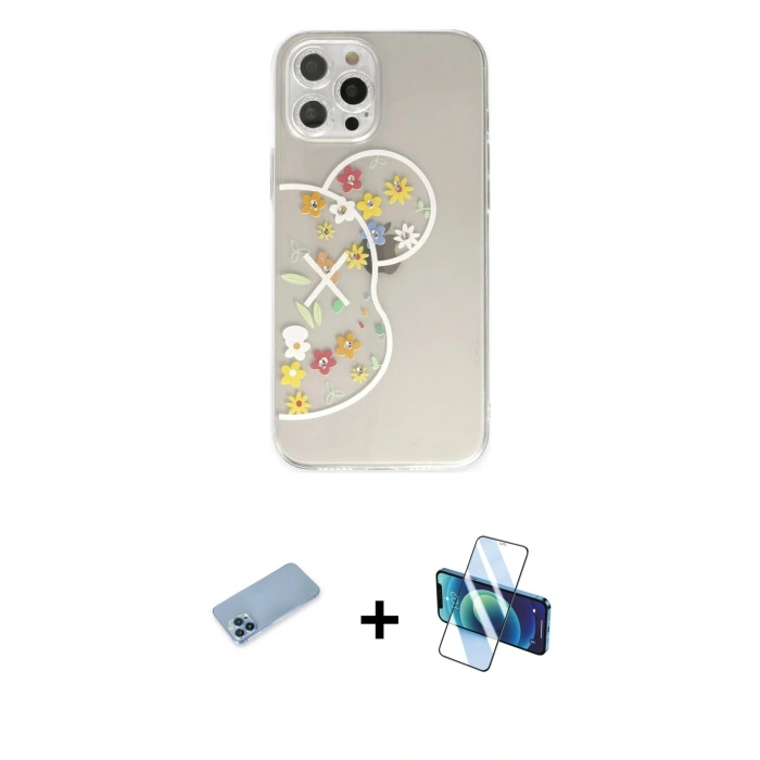 MARSİLYAN™- iPhone 12 Pro Kılıf Eksen Asil Prime - Siyah 3D Antistatik Cam Ekran Koruyucu + Shine Kamera Lens Koruma Cam - MI