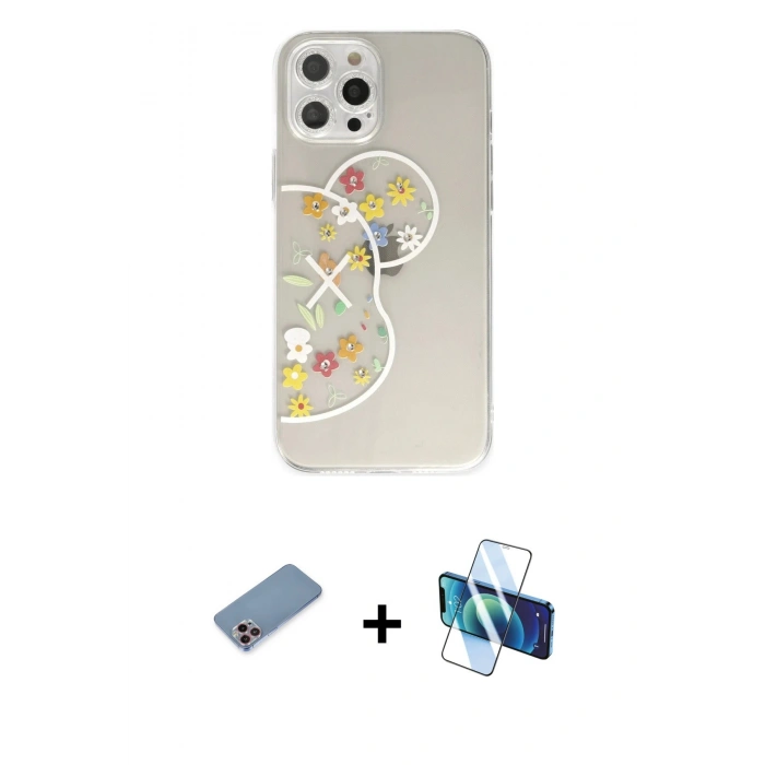 MARSİLYAN™- iPhone 12 Pro Kılıf Eksen Asil Prime - Siyah 3D Antistatik Cam Ekran Koruyucu + Shine Kamera Lens Koruma Cam - PE
