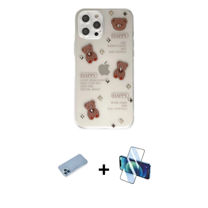 MARSİLYAN™- iPhone 12 Pro Kılıf Eksen Asil Prime - Siyah 3D Antistatik Cam Ekran Koruyucu + Shine Kamera Lens Koruma Cam - MI