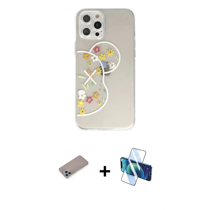 MARSİLYAN™- iPhone 12 Pro Kılıf Eksen Asil Prime - Siyah 3D Antistatik Cam Ekran Koruyucu + Shine Kamera Lens Koruma Cam - SABE
