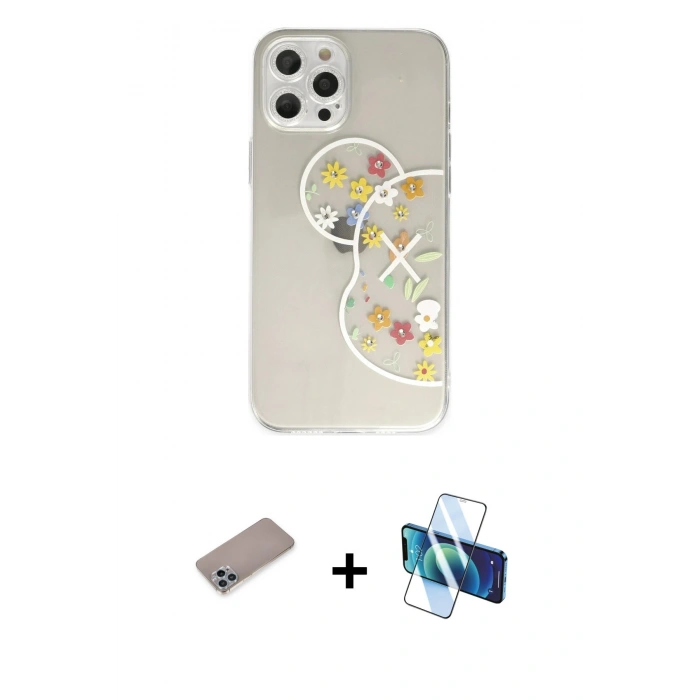 MARSİLYAN™- iPhone 12 Pro Kılıf Eksen Asil Prime - Siyah 3D Antistatik Cam Ekran Koruyucu + Shine Kamera Lens Koruma Cam - SABE