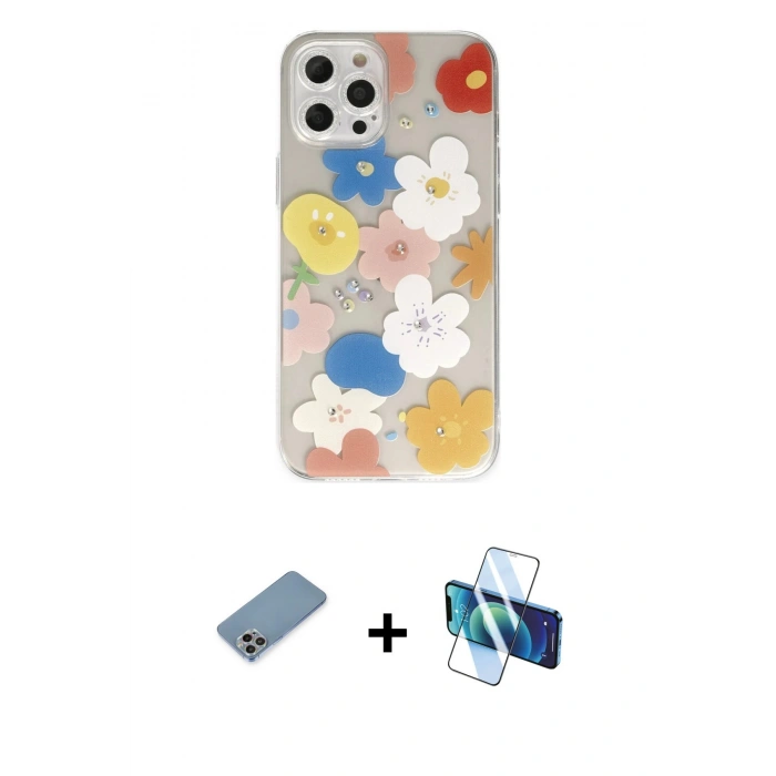 MARSİLYAN™- iPhone 12 Pro Kılıf Eksen Asil Prime - Siyah 3D Antistatik Cam Ekran Koruyucu + Shine Kamera Lens Koruma Cam - GI