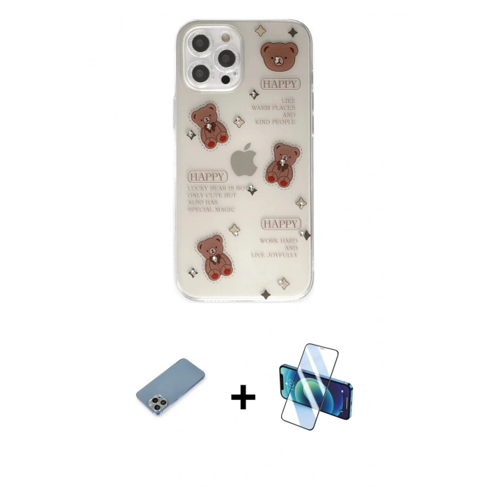 MARSİLYAN™- iPhone 12 Pro Kılıf Eksen Asil Prime - Siyah 3D Antistatik Cam Ekran Koruyucu + Shine Kamera Lens Koruma Cam - GI