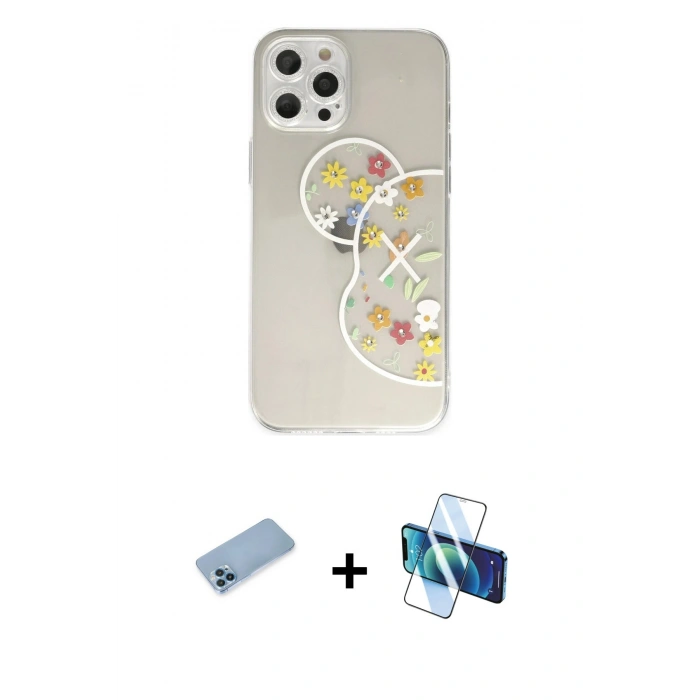 MARSİLYAN™- iPhone 12 Pro Kılıf Eksen Asil Prime - Siyah 3D Antistatik Cam Ekran Koruyucu + Shine Kamera Lens Koruma Cam - MI