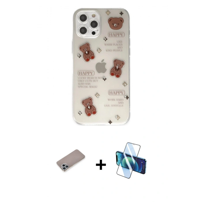 MARSİLYAN™- iPhone 12 Pro Kılıf Eksen Asil Prime - Siyah 3D Antistatik Cam Ekran Koruyucu + Shine Kamera Lens Koruma Cam - SABE