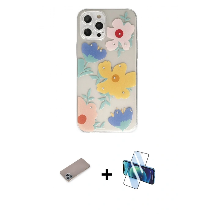 MARSİLYAN™- iPhone 12 Pro Kılıf Eksen Asil Prime - Siyah 3D Antistatik Cam Ekran Koruyucu + Shine Kamera Lens Koruma Cam - SABE