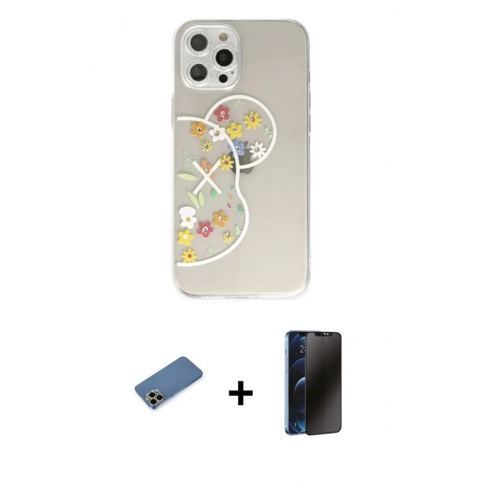 MARSİLYAN™- iPhone 12 Pro Kılıf Eksen Asil Prime - Siyah 3D Antistatik Hayalet Cam Ekran Koruyucu + Shine Kamera Lens Koruma Cam - GD