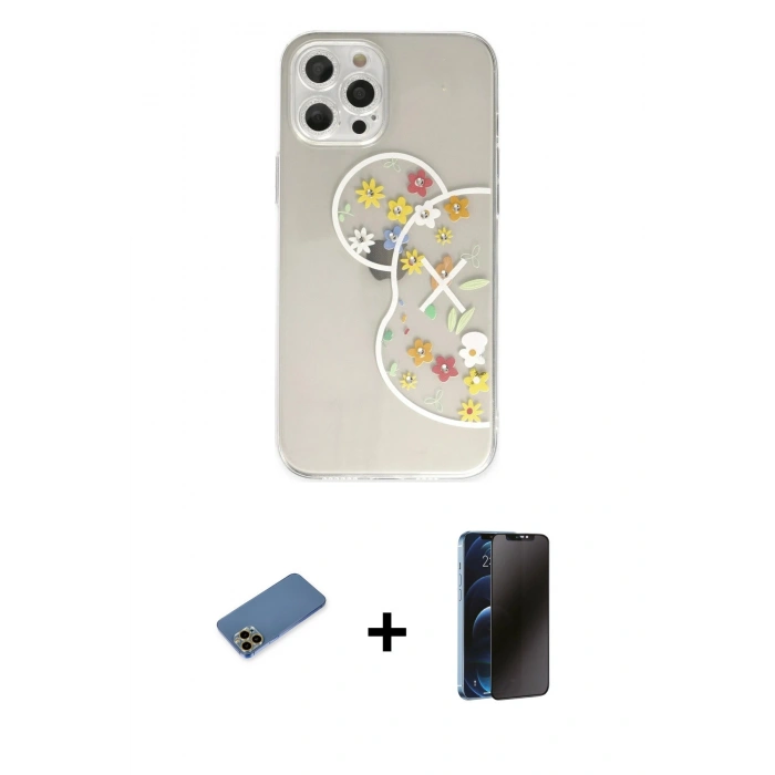 MARSİLYAN™- iPhone 12 Pro Kılıf Eksen Asil Prime - Siyah 3D Antistatik Hayalet Cam Ekran Koruyucu + Shine Kamera Lens Koruma Cam - GD