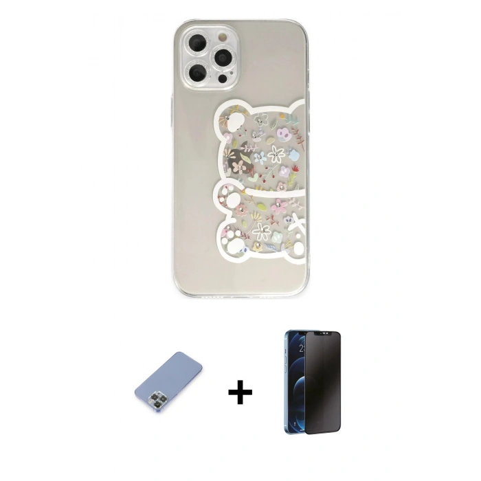 MARSİLYAN™- iPhone 12 Pro Kılıf Eksen Asil Prime - Siyah 3D Antistatik Hayalet Cam Ekran Koruyucu + Metal Kamera Lens Koruma Cam - KUYL
