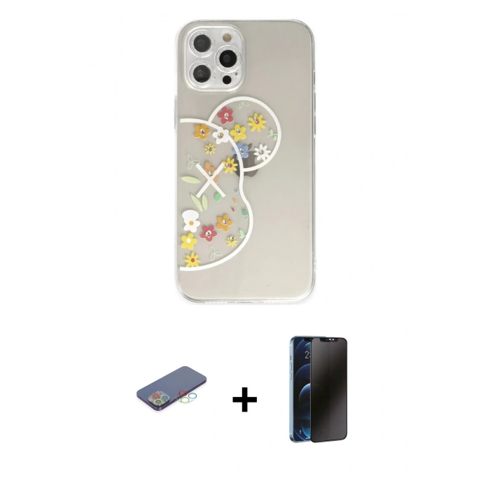 MARSİLYAN™- iPhone 12 Pro Kılıf Eksen Asil Prime - Siyah 3D Antistatik Hayalet Cam Ekran Koruyucu + Renkli Kamera Lens Koruma Cam - MI