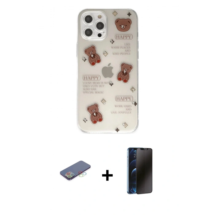 MARSİLYAN™- iPhone 12 Pro Kılıf Eksen Asil Prime - Siyah 3D Antistatik Hayalet Cam Ekran Koruyucu + Renkli Kamera Lens Koruma Cam - MI
