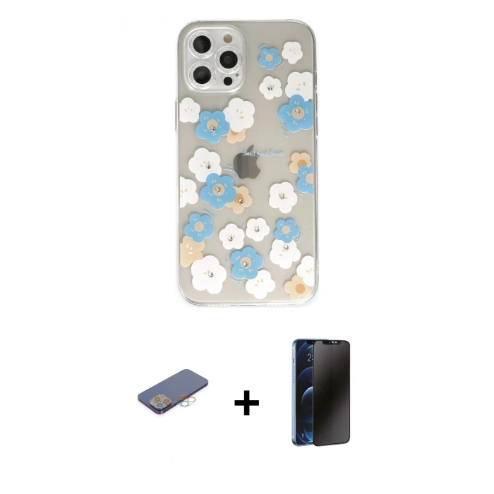 MARSİLYAN™- iPhone 12 Pro Kılıf Eksen Asil Prime - Siyah 3D Antistatik Hayalet Cam Ekran Koruyucu + Renkli Kamera Lens Koruma Cam - PE