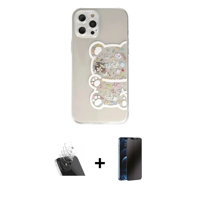 MARSİLYAN™- iPhone 12 Pro Kılıf Eksen Asil Prime - Siyah 3D Antistatik Hayalet Cam Ekran Koruyucu + Kamera Lens Koruma Cam - SF