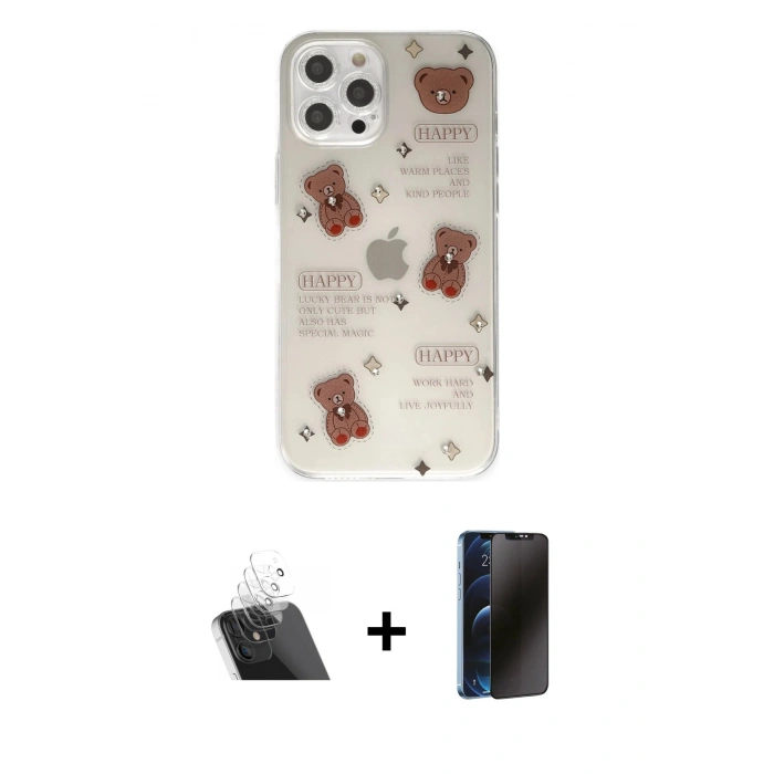 MARSİLYAN™- iPhone 12 Pro Kılıf Eksen Asil Prime - Siyah 3D Antistatik Hayalet Cam Ekran Koruyucu + Kamera Lens Koruma Cam - SF