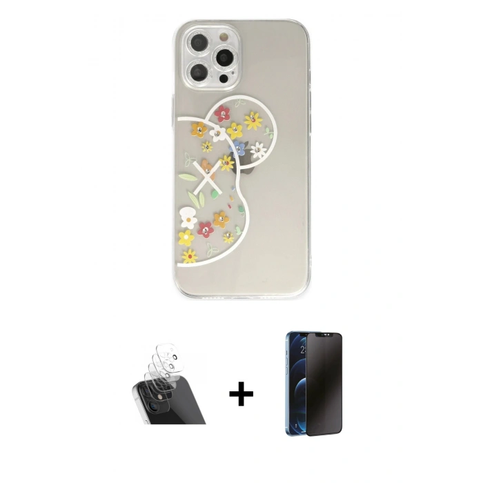 MARSİLYAN™- iPhone 12 Pro Kılıf Eksen Asil Prime - Siyah 3D Antistatik Hayalet Cam Ekran Koruyucu + Kamera Lens Koruma Cam - SF