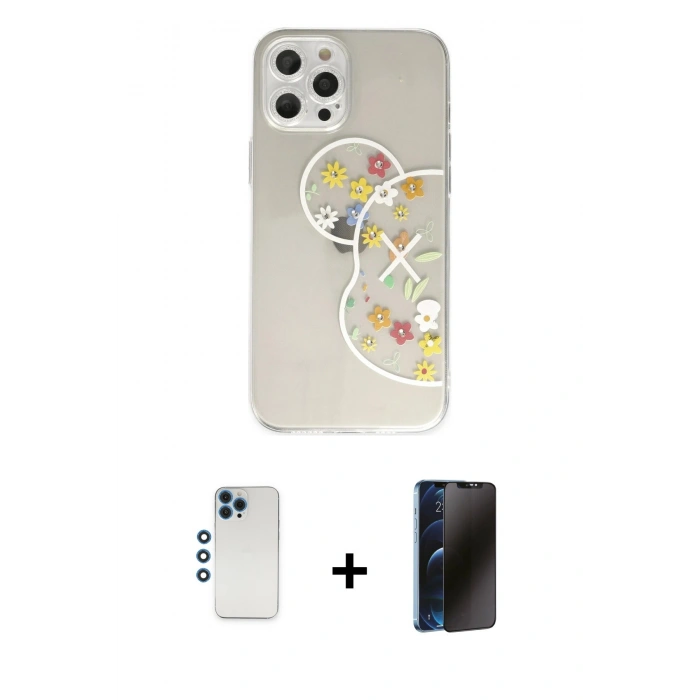 MARSİLYAN™- iPhone 12 Pro Kılıf Eksen Asil Prime - Siyah 3D Antistatik Hayalet Cam Ekran Koruyucu + Shine Kamera Lens - MI