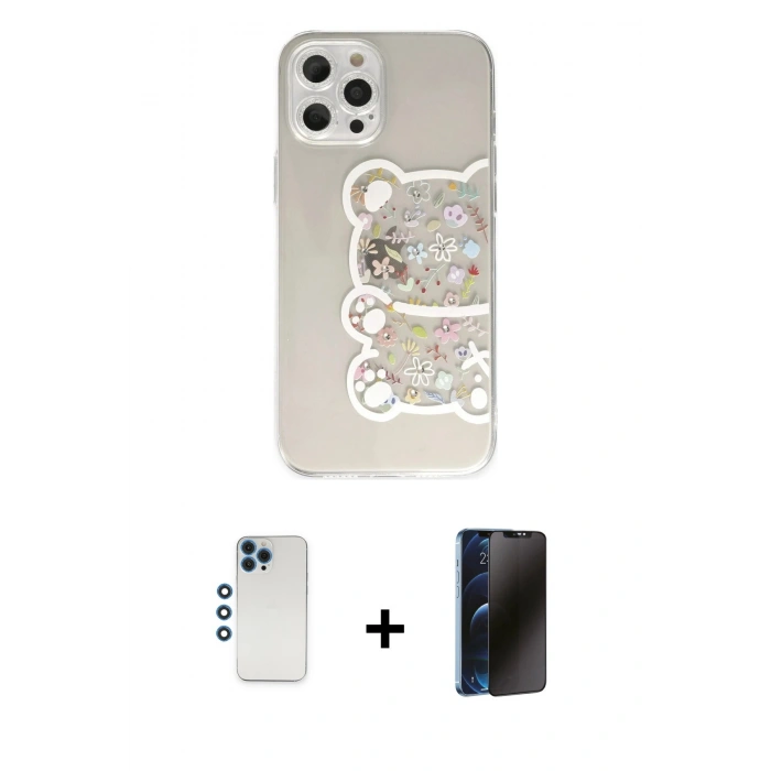 MARSİLYAN™- iPhone 12 Pro Kılıf Eksen Asil Prime - Siyah 3D Antistatik Hayalet Cam Ekran Koruyucu + Shine Kamera Lens - MI