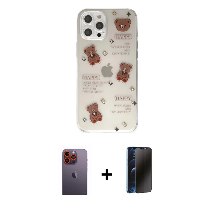 MARSİLYAN™- iPhone 12 Pro Kılıf Eksen Asil Prime - Siyah 3D Antistatik Hayalet Cam Ekran Koruyucu + Neon Fosforlu Kamera Lens - TU