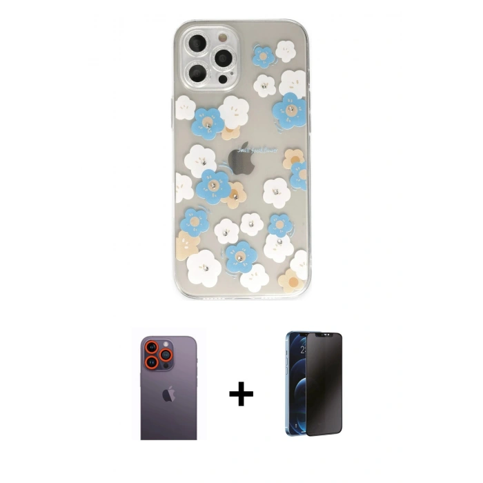 MARSİLYAN™- iPhone 12 Pro Kılıf Eksen Asil Prime - Siyah 3D Antistatik Hayalet Cam Ekran Koruyucu + Neon Fosforlu Kamera Lens - TU