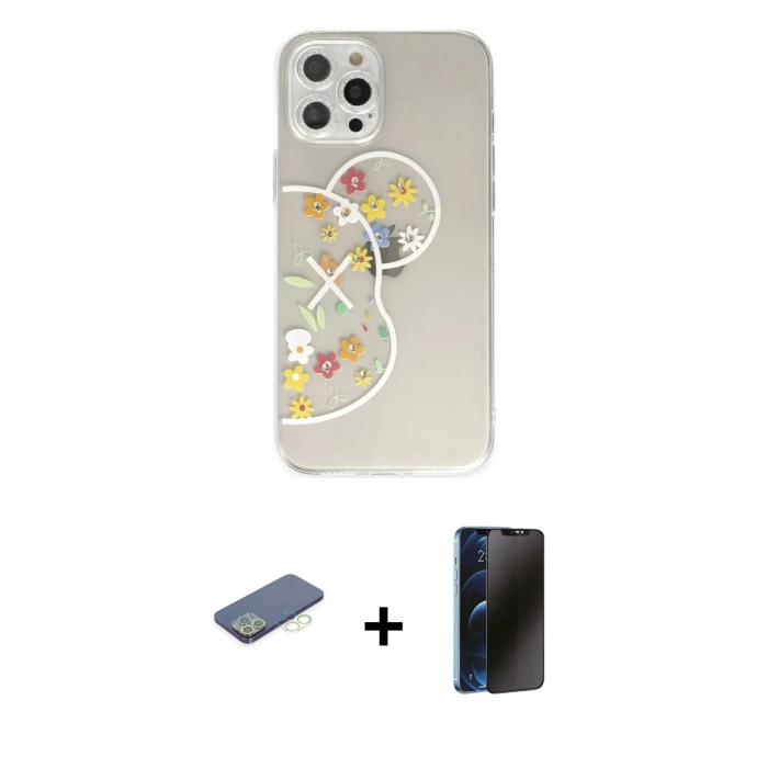 MARSİLYAN™- iPhone 12 Pro Kılıf Eksen Asil Prime - Siyah 3D Antistatik Hayalet Cam Ekran Koruyucu + Renkli Kamera Lens Koruma Cam - YL